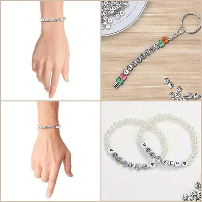 Song Xi 1200pcs Silver Letter Beads for Bracelets, 4x7mm Black Alphabet Beads Friendship Bracelets Jewelry Making Kit for Christmas Gifts