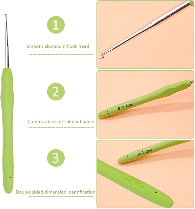 Crochet Hook, 2.0 mm Ergonomic Crochet Hook, Crochet Needles for Arthritic Hands, Knitting Needles with Soft Handle Beginners and Experienced Hobbyists (2.0 mm)