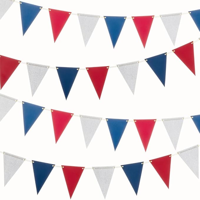 MOWO Silver Blue and Red Pennant Banner Paper Bunting Hanging Decoration for 4th July Independence Day Birthday Graduation Retirement Party, Pack of 30 Counts Pennant, 20 feet