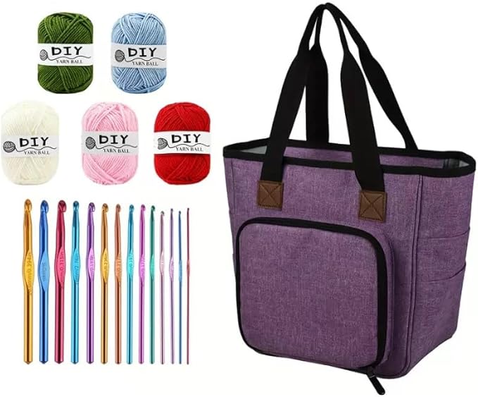 ZBEZBE Knitting & Crochet Tote Bag, Multi-Pocket Yarn Storage Organizer, Portable Yarn Holder for Knitting Needles, Crochet Hooks, Yarn Skeins & Craft Supplies