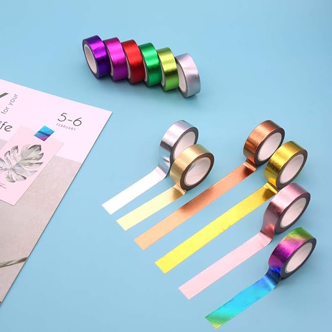 6 Rolls Solid Colorful Foil Washi Tape Set 15mm x 10m Length Colorful Paper Adhesive Masking Tapes Holographic Sticky Paper Tape for DIY Scrapbooking Bullet Crafts Art Journal Home Decoration