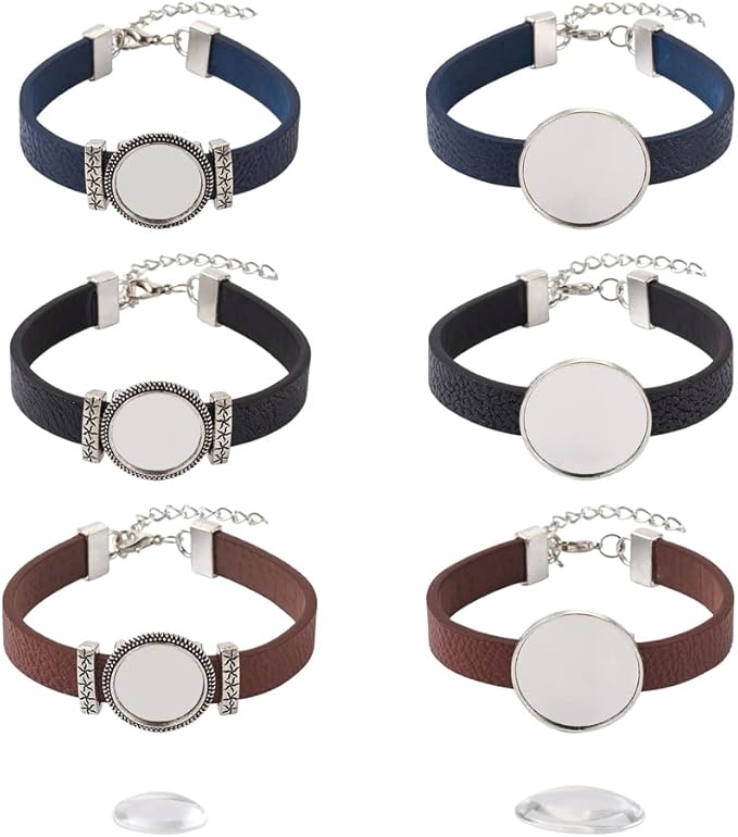 FASHEWELRY 14Pcs PU Leather Cord Bracelet Bezel Tray Blank Flat Round Cabochon Settings Bezel Tray Watch Bands Base Tray Bracelet Blanks with Glass Cabochons for Jewelry Making