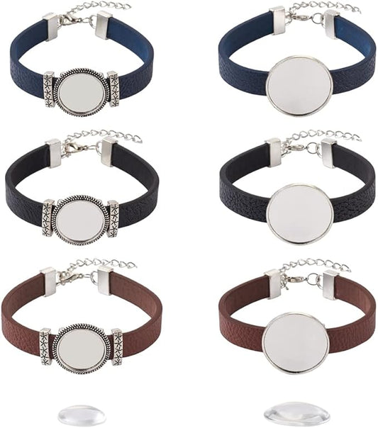 FASHEWELRY 14Pcs PU Leather Cord Bracelet Bezel Tray Blank Flat Round Cabochon Settings Bezel Tray Watch Bands Base Tray Bracelet Blanks with Glass Cabochons for Jewelry Making