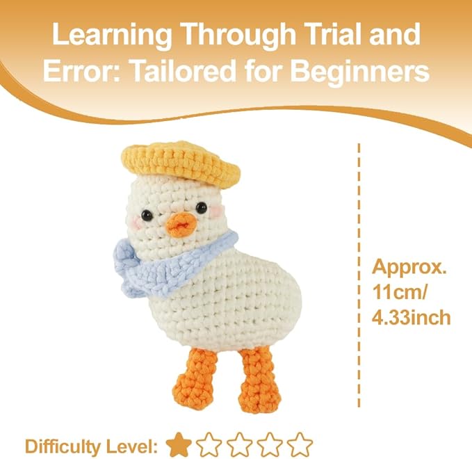 Autglint Duck Crochet Kit for Beginners Adults & Kids, Amigurumi Learn to Crochet Starter Kit with 4K Step-by-Step Video Tutorials, Includes Pre-Started Yarn, Crochet Hooks & Accessories - White Duck