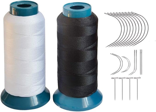 Hair Weaving Thread with C/J/I/T Needles 1500 Yards 210 D Strength Polyester Thread Sewing Thread for Making Wigs Hair Extension Kit (Black,White)