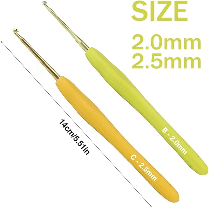 2.0mm and 2.5mm Crochet Hook，2pack Size Crochet Hook Aluminum Soft Grip Rubber Handle Needles,Ergonomic Handle Crochet Hooks Set, Crochet Needle for Beginners and Experienced Crochet Hooks Lovers