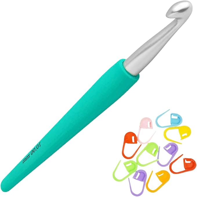 KnitPro Waves 2.0 Crochet Hook 5.25 inch, 10.00mm (13cm, US Size N) Aluminum with 10 Colorful Stitch Markers