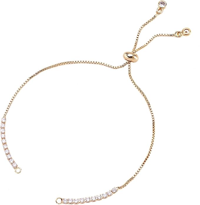 FASHEWELRY 10 Strands Adjustable Brass Bracelet Slider Extender Chains Micro Pave with Cubic Zirconia Ends 11"(280mm) Golden Plated for DIY Jewelry Making