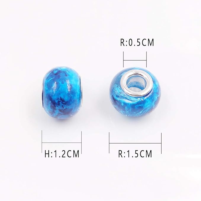 AIPRIDY 100Pcs 15x11mm Painting Murano Large Hole Glass Beads Mix Color with Silver Brass Cores European Charm fit Bracelet Necklace (Explosive Monochrome Effect Glass)