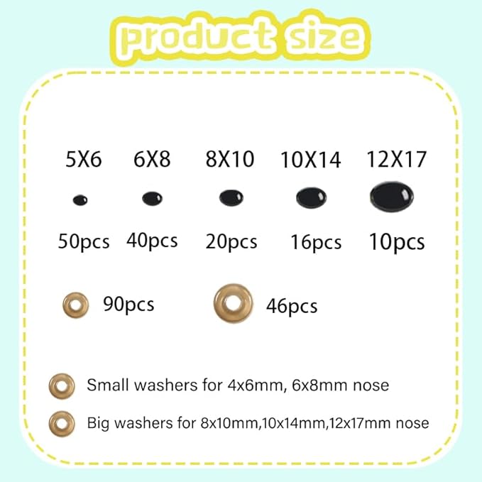Zhbrchz 272pcs Plastic Safety Eyes and Noses 5 Sizes Black Craft Oval Nose Eyes with Washers for Amigurumi Crochet Bears Puppet Stuffed Animals Doll Making