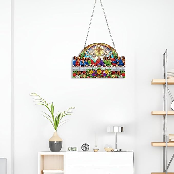 STGLCR Religious Diamond Art Hanging Kit for Adult The Last Supper,Special Shaped DIY Acrylic Jesus Christ Cross Diamond Art Painting Window Pendants Home Garden Wall Hanging Kits Hanging Ornament