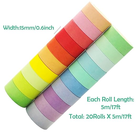 20 Rolls Washi Tape Set, Rainbow Washi Tape Colorful Masking Tape 15mm Wide, Decorative Tape for Bullet Journal, Book, Planner, Scrapbooking, DIY Arts Crafts