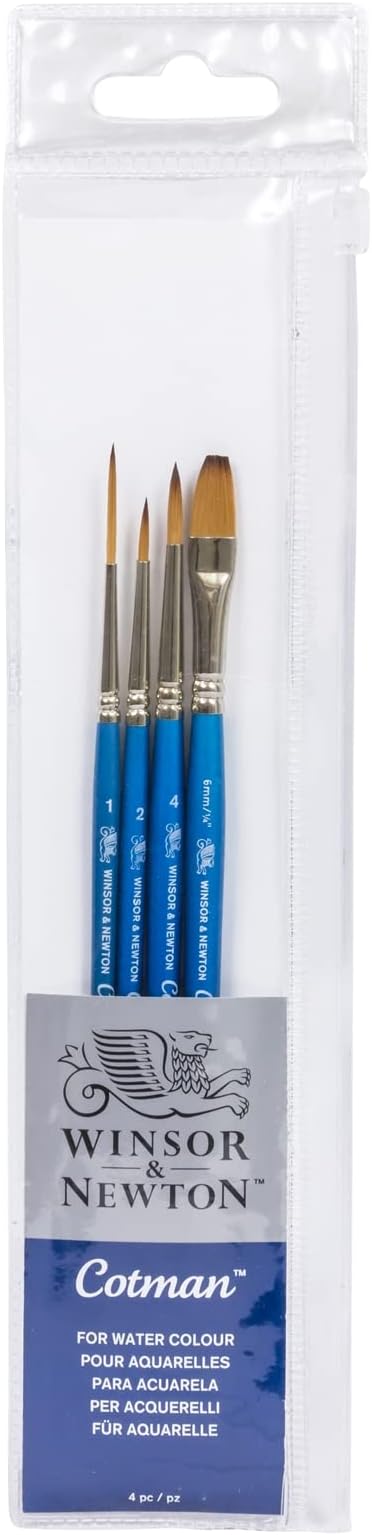 Winsor & Newton Cotman Short Handle Brushes, Set of 4, (Round 2 & 4, Rigger 1, One Stroke 1/4")