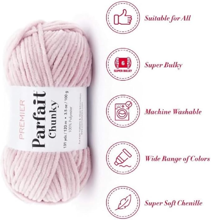 Premier Yarns Parfait Chunky Chenille Yarn 3.5 Oz 6 Super Bulky Weight 3 Pack Bundle with Bella's Stitch Place Holders (Rose)