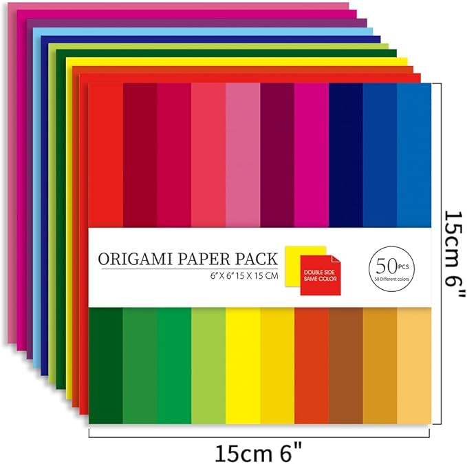 Origami Paper Kit 100 Sheets 70GSM 6 Inch Square Double Sided Color 50 Vivid Solid Colors for Hand Crafts Origami Paper Arts Creativity. Solid Color