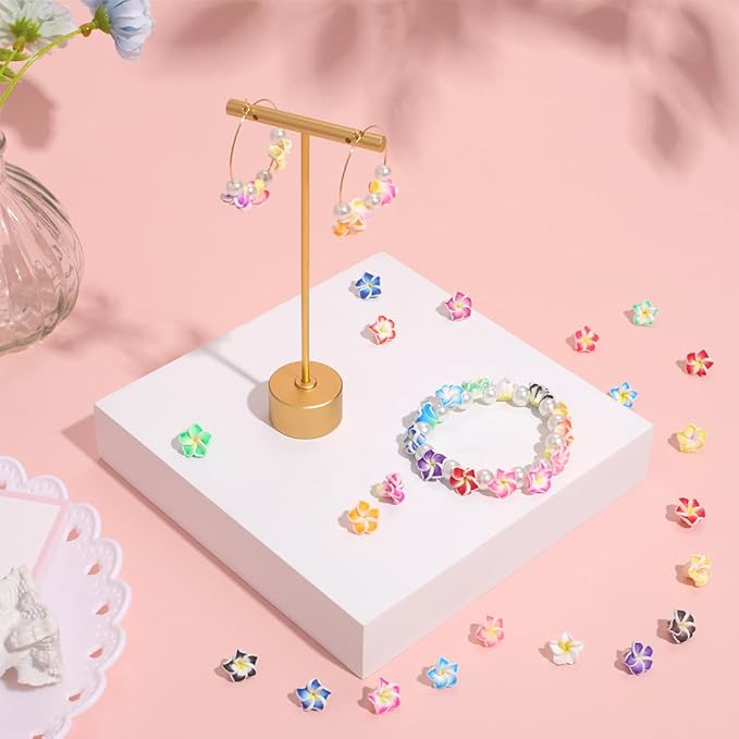 SUNNYCLUE 100Pcs Plumeria Beads Polymer Clay Flower Beads Bulk Handmade Hawaiian Plumerias Flowers 12x8mm Flat Back Floral Charms Summer Colorful 3D Loose Spacers for Jewelry Making Beading Kit