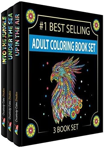 Adult Coloring Books Set.Three Books! Designs from The Sky, Land & Sea. Coloring Books for Adults Relaxation