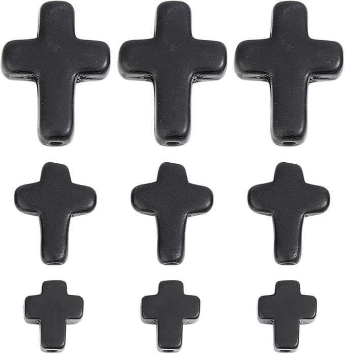 SUNNYCLUE 1 Box 90Pcs Black Cross Beads 3 Sizes Small Stone Cross Bead 10/16/20mm Mini Tiny Synthetic Turquoise Gemstone Beads Charms Easter Holiday Pocket Crosses for Jewelry Making Kits
