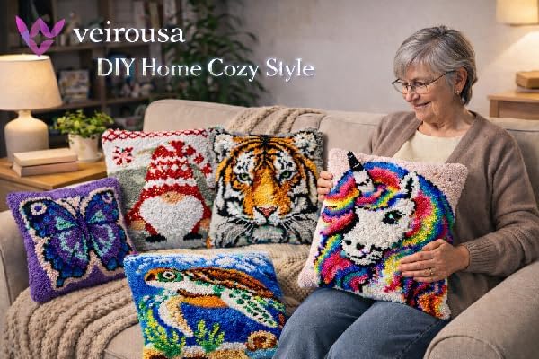 veirousa Tiger Latch Hook Kits for Adults Beginners, Animal Latch Hook Pillow Kit Pre-Printed Latch Hook Rug Kits Craft Cushion Set for Home Sofa Decoration 17x17 in. Handmade Gift