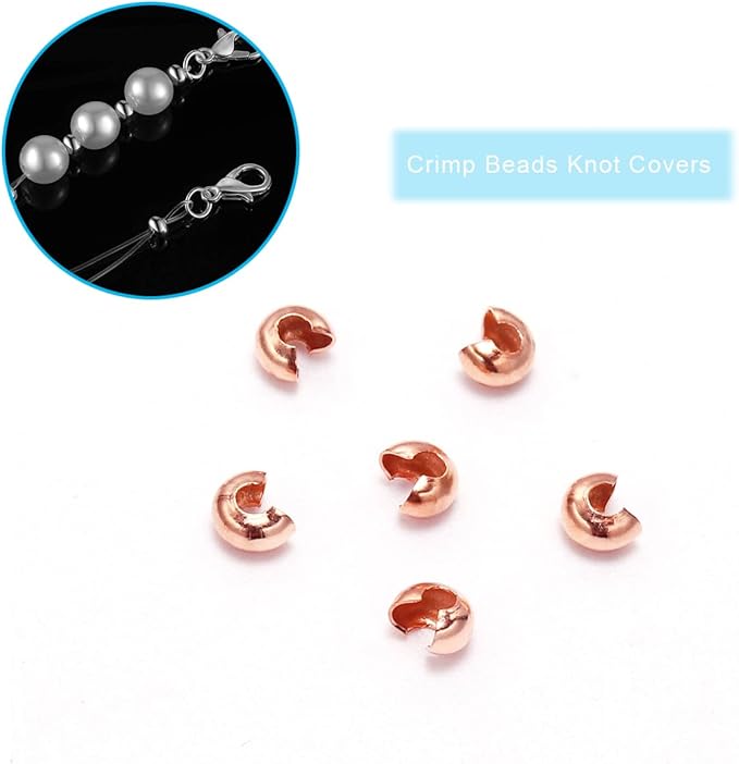 1400 Pieces Brass Tube Crimp Beads Wire Guardians Crimp Bead Knot Covers Bead Tips Knot Covers for DIY Bracelets Necklaces Jewelry Making Crafts Supplies(Rose Gold)