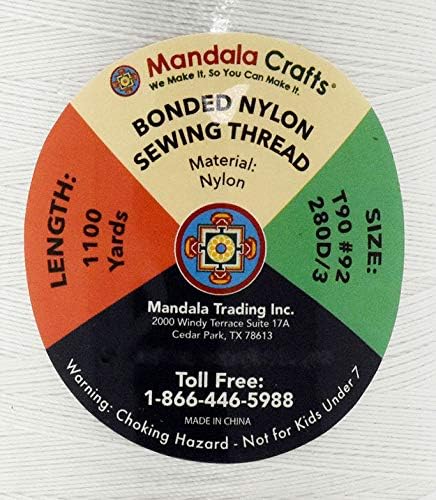 Mandala Crafts Size 92 280D T90 Bonded Nylon Thread - White 1100 YDs Tex 90 Heavy Duty Sewing Threads for Leather, Jeans, Weaving, Outdoor Marine Upholstery