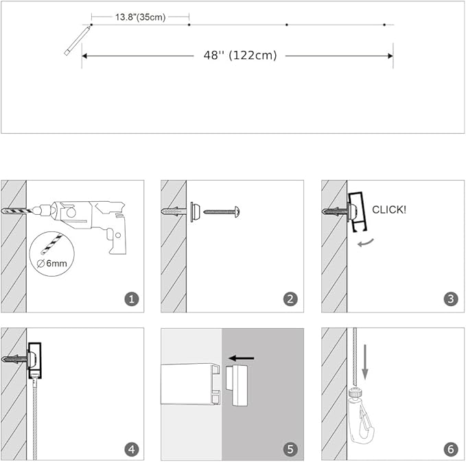 Picture Hanging Systems, for Art Galleries, Home, Two 48inch Rails, Click Rail Kits (2 White Rails 4 Nylon Cords & 4 Hooks)