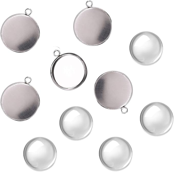 DROLE 100Pcs Bezel Pendant Blanks Kit-50Pcs Stainless Steel Pendant Trays Round Bezel with 50Pcs Glass Cabochons Clear Dome,18mm Pendant Blanks for Photo Pendant Craft Jewelry Making