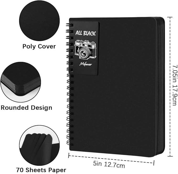 5" x 7" Premium Black Paper Mixed Media Sketchbook, Spiral Bound Art Journal Sketchbook, 70 Sheets 110 GSM Acid-Free Drawing Black Paper for Adults Beginners Artists.Black