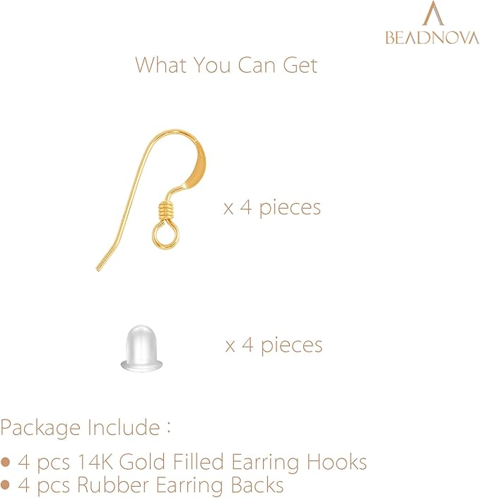 beadnova earring hooks 4pcs 14k gold filled earring kits with rubber backs ear wire hook for jewelry making diy ear post supplies (4pcs earwires and 4 pcs backs)