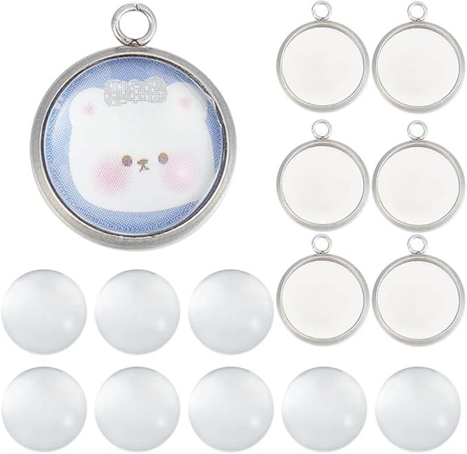 SUNNYCLUE 1 Box 120Pcs Bezel Tray Blanks Pendant Tray Kit Stainless Steel Pendant Bezels Round Clear Cabochon Domes Set for Jewelry Making Charms DIY Craft Photo Findings