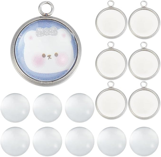 SUNNYCLUE 1 Box 120Pcs Bezel Tray Blanks Pendant Tray Kit Stainless Steel Pendant Bezels Round Clear Cabochon Domes Set for Jewelry Making Charms DIY Craft Photo Findings