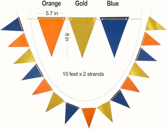 MOWO Gold Blue and Orange Pennant Banner Paper Bunting Hanging Decoration for Graduation Birthday Wedding Retirement, Pack of 30 Counts Pennant, 20 feet