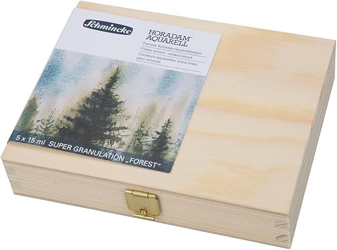 Schmincke - HORADAM® AQUARELL, Super-Granulation Set Forest, 5 x 15 ml tubes, 74 851 097, wooden box, very strong granulating watercolors