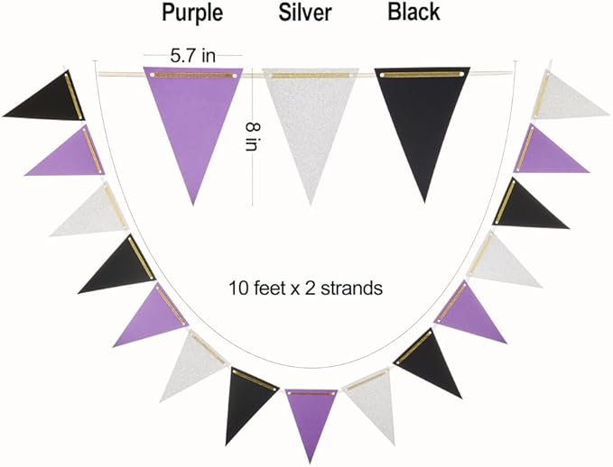 MOWO Purple Black and Silver Pennant Banner Paper Bunting Hanging Decoration for Graduation Birthday Retirement Halloween Party, Pack of 30 Counts Pennant, 20 feet