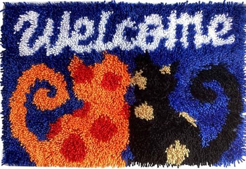 KitsMaster Welcome Cats Latch Hook Kit – Cozy Feline Doormat | Cat Lover's DIY Latch Hook Kit with Pre-Printed Canvas, Yarn & Tool- DIY Craft for Home Decor 23.6''x15.8'' (Welcome Cats)
