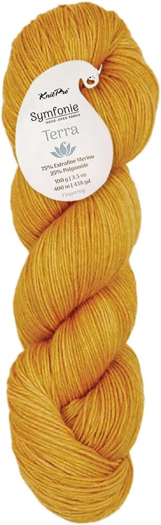 KnitPro Symfonie Fingering Weight Hand Dyed Semi-Solid Yarn Skein | Extra Fine Merino Wool & Polyamide Blend for Knitting & Crocheting, Oeko-TEX Certified 400m, 100g | Terra Turmeric