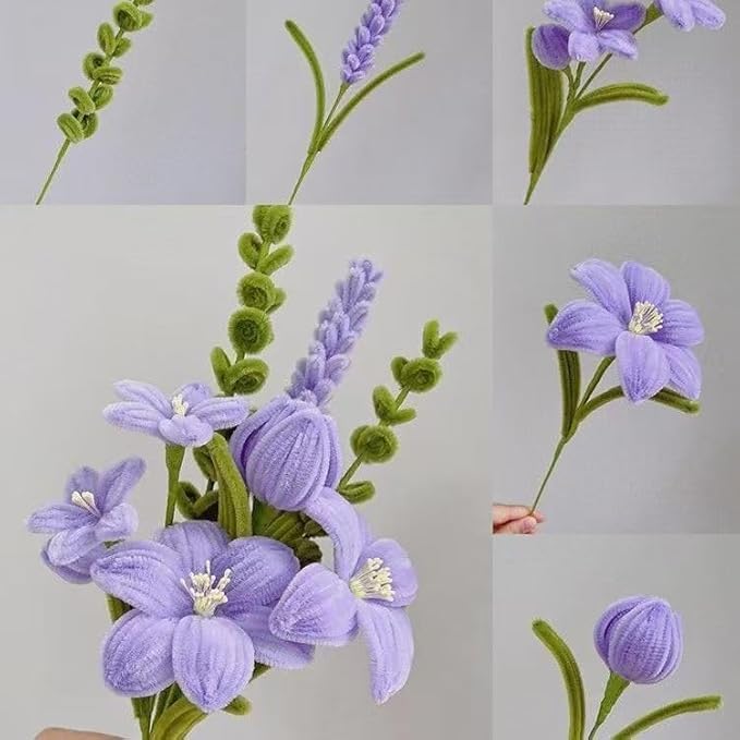 300 Pcs Purple and Green Thick Pipe Cleaners Craft Supplies for Floral Bonquet DIY Flower Making Kit for Starter with Floral Wires, Gardening Tape,Stamen Gift Wrapping Party Decor