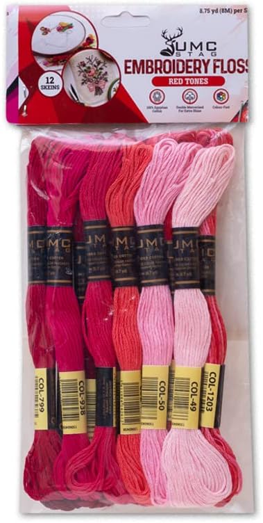12 Pieces | Premium Embroidery Thread | 100% Egyptian Cotton Premium Skeins | Cross Stitch Embroidery Floss | Oeko TEX Certified Stranded Cotton (Red Tones)