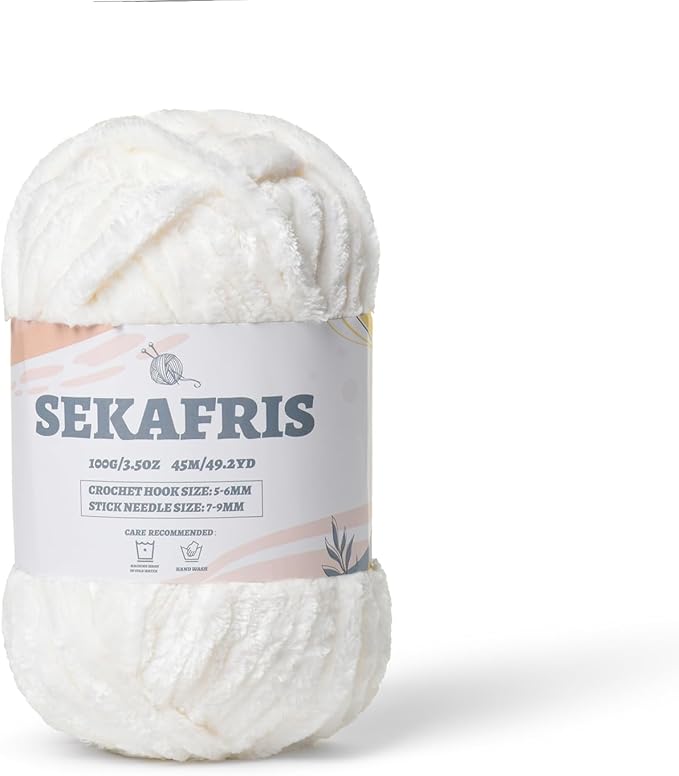 Fuzzy Chunky Chenille Yarn for Crocheting & Knitting, Soft Plush 100g (49.2yd) Baby Blanket Yarn for Amigurumi, Crochet Fluffy Velvet (White)