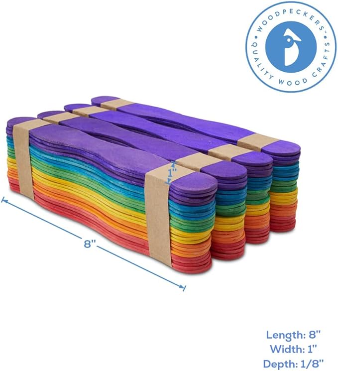 Wooden Fan Handles 8 inch, Variety Pack of 200 Colored Popsicle Sticks for Crafts, Fan Handheld Wedding Program Sticks, by Woodpeckers