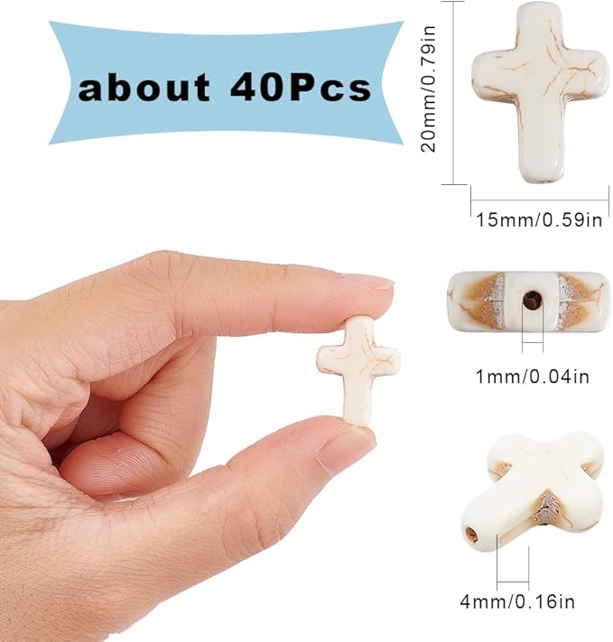 SUNNYCLUE 1 Box About 40Pcs Cross Beads White Synthetic Turquoise Beads Bulk Easter Pocket Crosses in Bulk Mini Cross Charm Crucifix Spacers for Jewelry Making Beading Kit DIY Bracelet Supplies