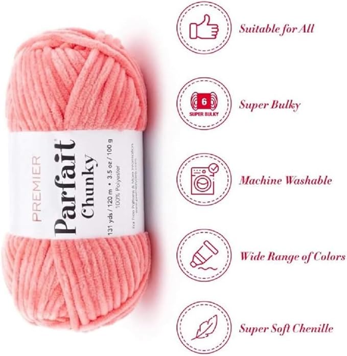 Premier Yarns Parfait Chunky Chenille Yarn 3.5 Oz 6 Super Bulky Weight 3 Pack Bundle with Bella's Stitch Place Holders (Coral)