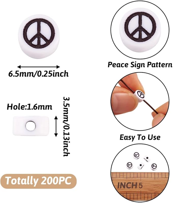 200pcs Peace Sign Acrylic Beads - Opaque White Flat Round Beads, Black Symbol Spacers for DIY Jewelry Crafts - Hole 1.6mm