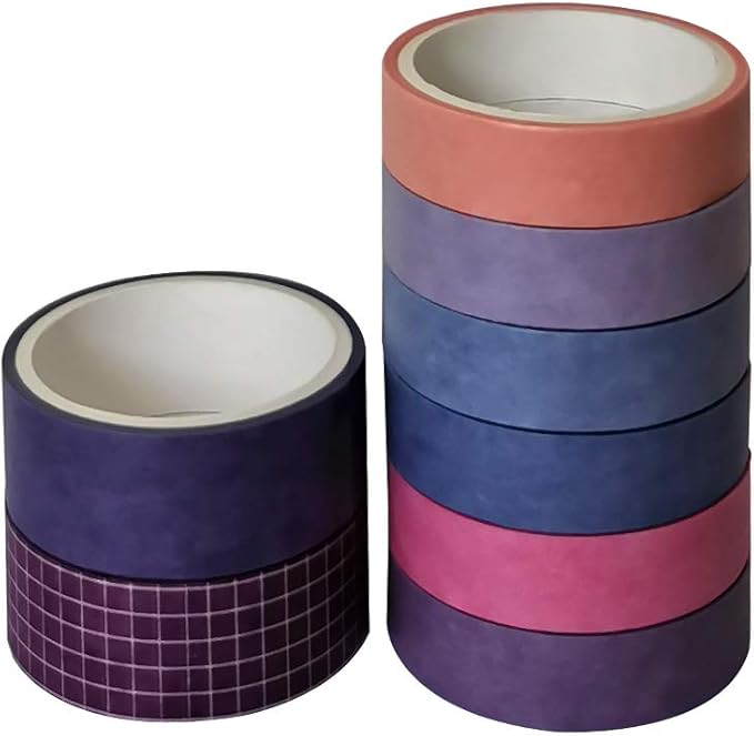 ZDOLAKIDS 8 Rolls Washi Tape Set Basic Solid Color Violet Adhesive Decoration Label Masking Tapes for Journal Scrapbook Planner DIY Art Craft Letter Card Envelope Water Bottle Skateboard
