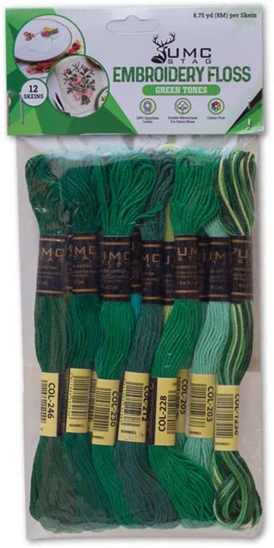 12 Pieces | Premium Embroidery Thread | 100% Egyptian Cotton Premium Skeins | Cross Stitch Embroidery Floss | Oeko TEX Certified Stranded Cotton (Green Tones)