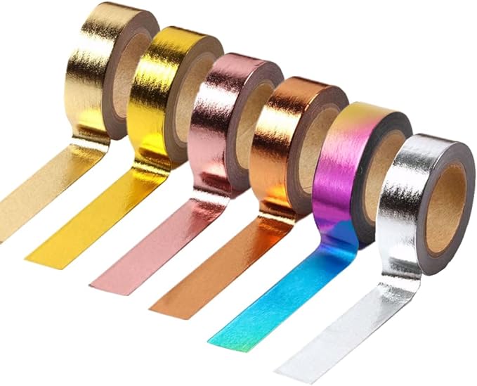 6 Rolls Solid Colorful Foil Washi Tape Set 15mm x 10m Length Colorful Paper Adhesive Masking Tapes Holographic Sticky Paper Tape for DIY Scrapbooking Bullet Crafts Art Journal Home Decoration