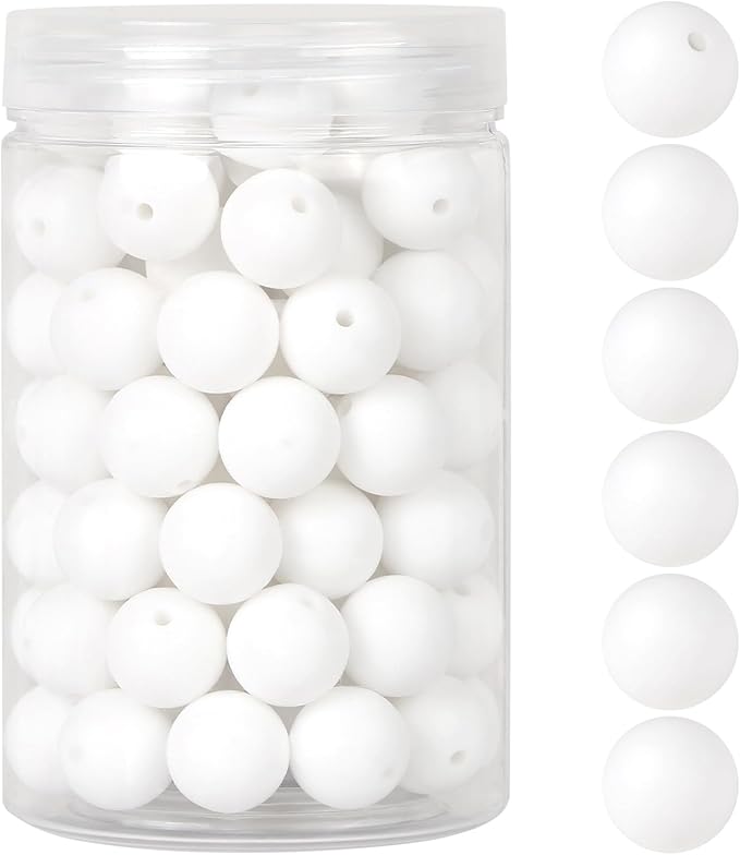 110 Pcs Silicone Focal Beads, EVERMARKET 15mm Silicone Beads for Keychain Making, Round Silicone Beads Bulk with Bottle, Rubber Loose Beads for Pens Crafts Necklace Bracelet Lanyard (White)