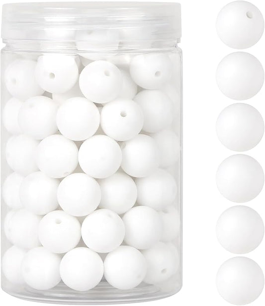 110 Pcs Silicone Focal Beads, EVERMARKET 15mm Silicone Beads for Keychain Making, Round Silicone Beads Bulk with Bottle, Rubber Loose Beads for Pens Crafts Necklace Bracelet Lanyard (White)