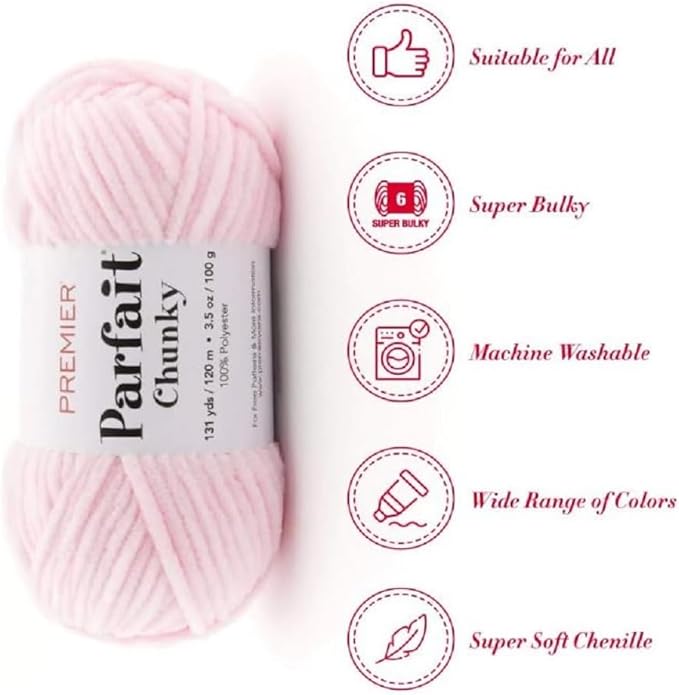 Premier Yarns Parfait Chunky Chenille Yarn 3.5 Oz 6 Super Bulky Weight 3 Pack Bundle with Bella's Stitch Place Holders (Cotton Candy)