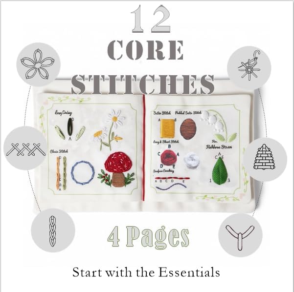 TenDawn Basic Embroidery Starter Kit – 12 Essential Stitches, Fabric Practice Book for Beginners, Easy Entry Sewing Set